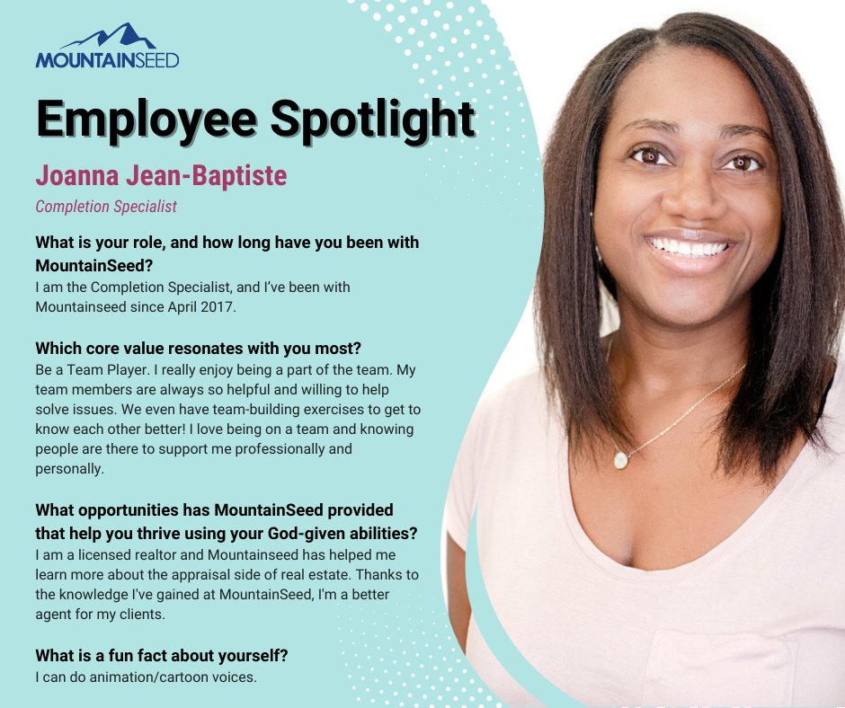 Joanna and her team are always willing to lend a hand and show support, personally and professionally. Whether it's team-building exercises or another day in the office, Joanna values the emphasis on teamwork at MountainSeed. 

#MeetMountainSeed #MountainSeed #employeespotlight