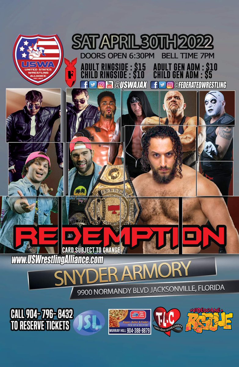 SirCappiePoo's tweet photo. Heyyyy Jacksonville area wrestling fans, in case ya haven't heard the news, @USWAJax is BACK at the Snyder Armory on Normandy this Saturday night for a hard hitting night of action! Great seats still available https://t.co/rO2ozeR5cd

#Jacksonville #DUUUVAL #Wrestling https://t.co/G4NcwcP11S