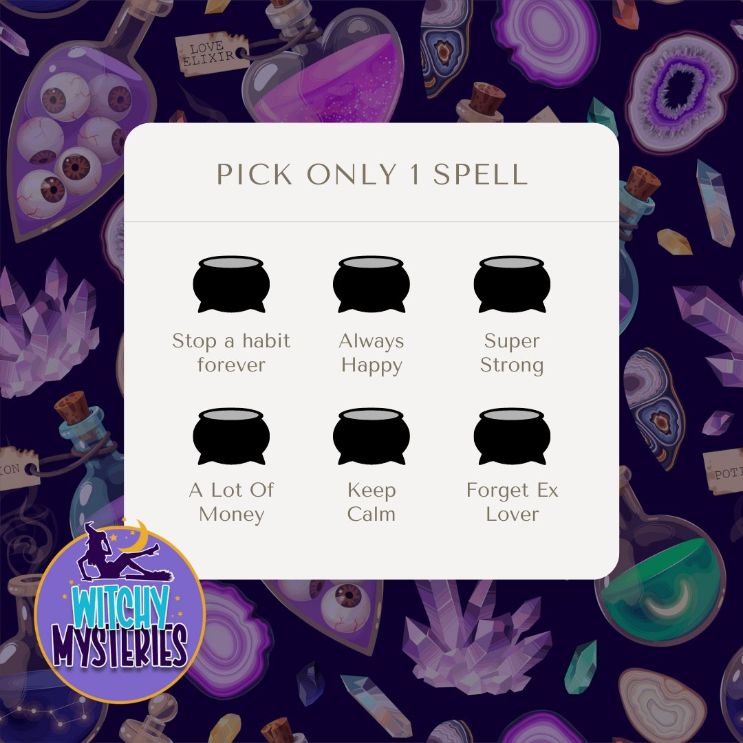 WitchyMys's tweet photo. You can only choose one #spell. What are you picking?
.
.
#FridayFun #Witchy #Paranormal https://t.co/GV1ChCYXMk