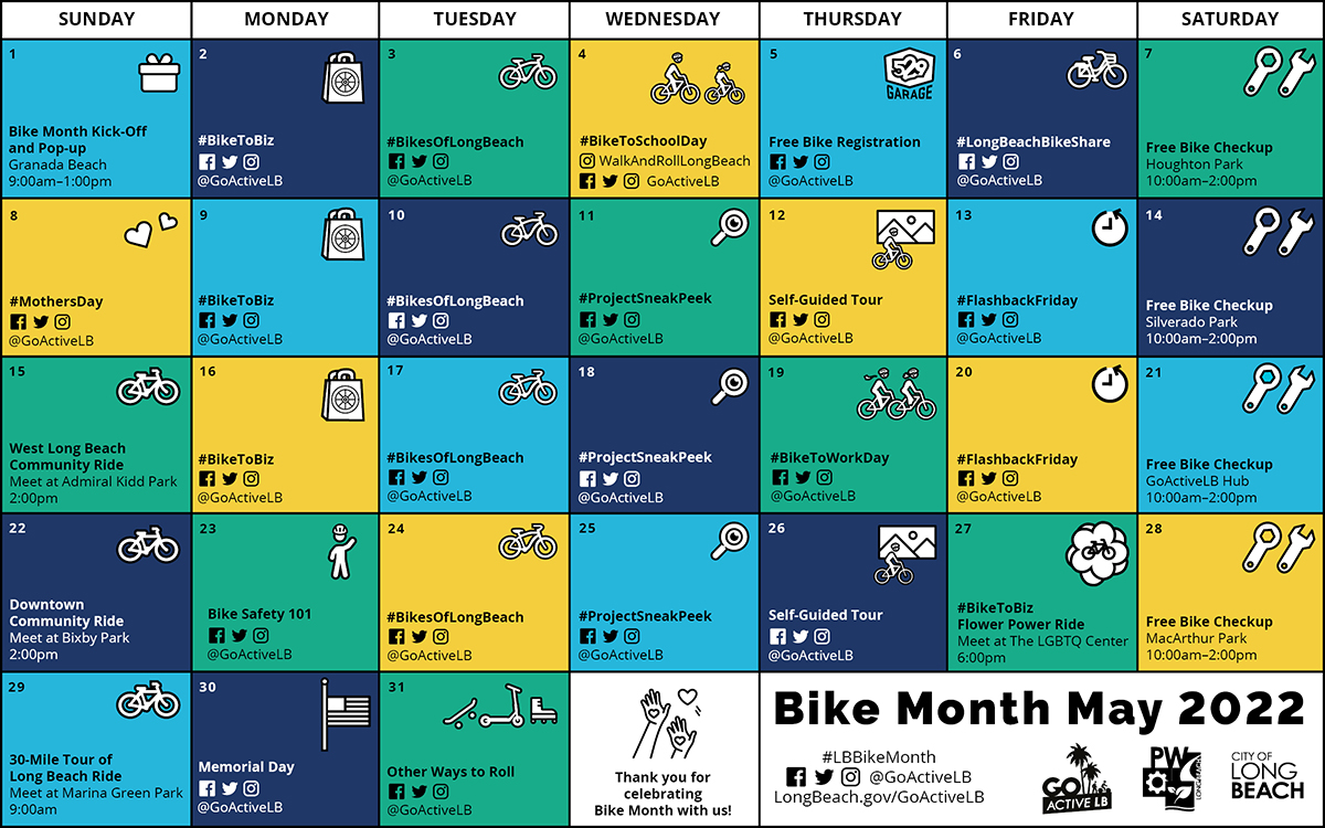 GoActiveLB's tweet photo. Bike Month starts in just a few days! We’re gearing up for all the events we have planned 🔧 🚴 🔥 Here’s a look at the calendar ahead. 🗓 Be sure to save these dates to celebrate all month long with us!
#LBBikeMonth2022 #GoActiveLB https://t.co/c1JAbkojln