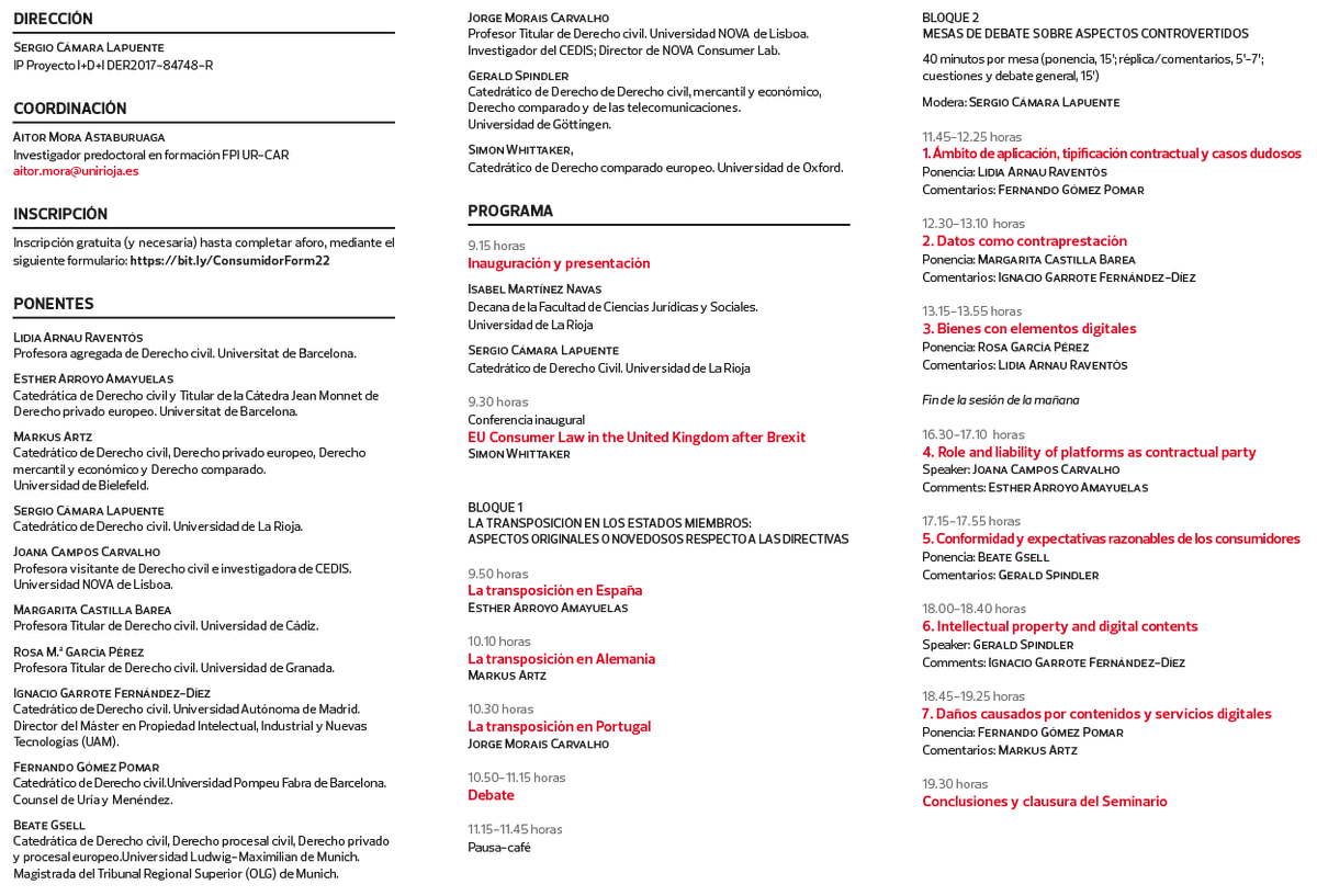 "La protección del consumidor en los contratos de suministro de contenidos y servicios
digitales después de la transposición de las Directivas (UE) 2019/770 y 2019/771"
🗓️20 de mayo de 2022
📍Sala de Grados, Edificio Quintiliano 
Inscripciones: bit.ly/ConsumidorForm…