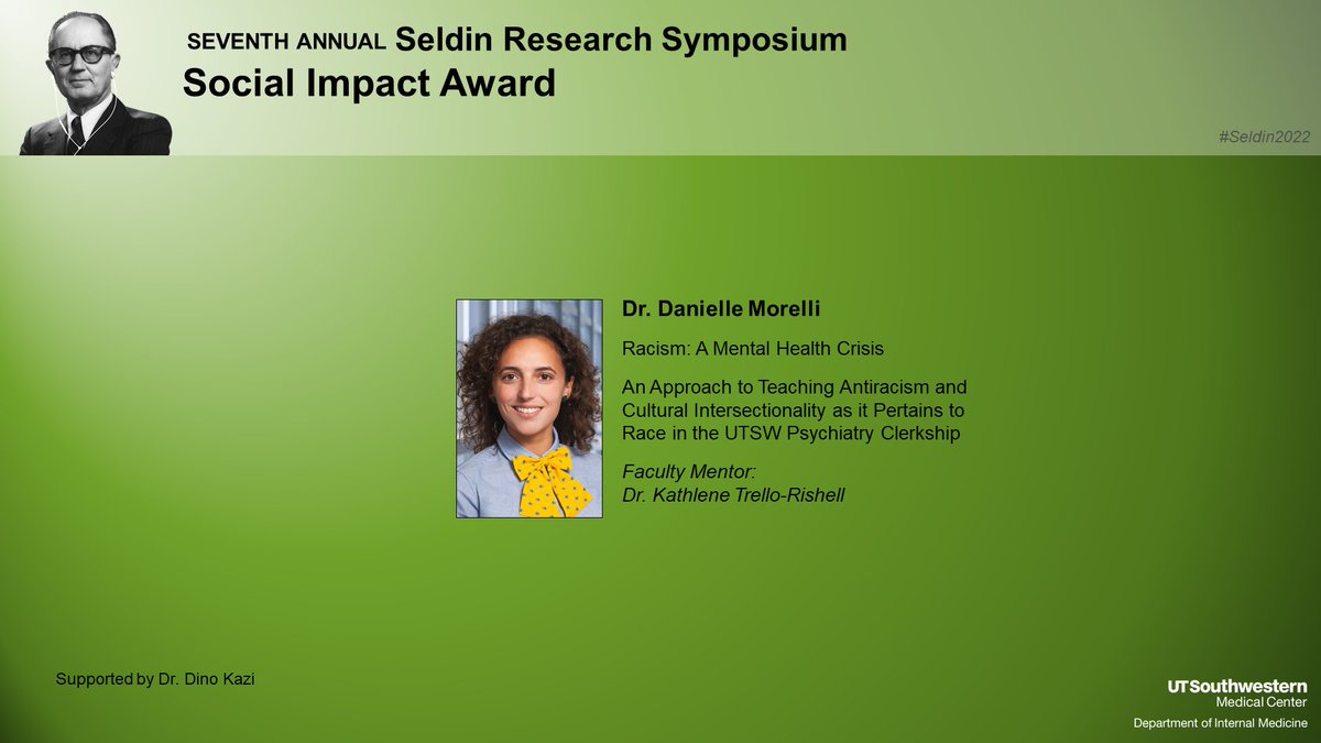 UTSWInternalMed's tweet photo. We congratulate Danielle Morelli, who received the Seldin Symposium's inaugural Social Impact Award! @UTSWIMchief @UTSWNews #Seldin22 https://t.co/wMVixvo6Dk