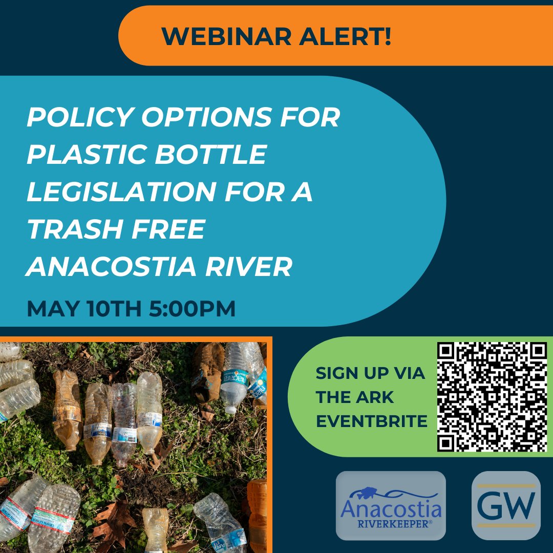 AnacostiaRrkper's tweet photo. Join us for a webinar w/ @GW_enrp students May 10 at 5pm! These students researched different types of plastic bottle legislation to assess which options would work best at preventing plastic bottle #pollution in the #AnacostiaRiver. #PlasticFreeDC: https://t.co/mwEXNnSIgj https://t.co/HY3Ld3V4mv