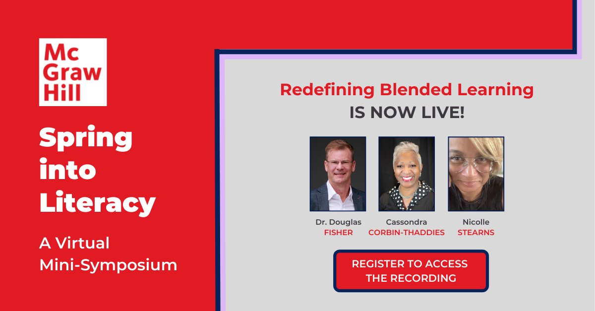 Our second Spring into #Literacy session, Redefining #BlendedLearning, is now available! Discover how blended learning can help us better meet #Student needs with experts <a href="/DFISHERSDSU/">Douglas Fisher</a> <a href="/CCThaddies/">Dr. Cassondra Corbin-Thaddies</a> &amp; <a href="/bowtieharvey/">Brandon Harvey</a>!

Learn more 👉 mhed.us/3rbnPs5

#TeacherTwitter #Education