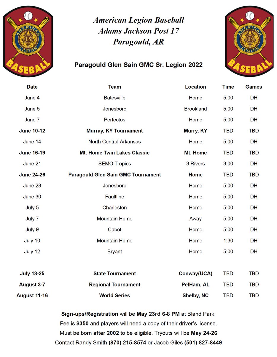 Summer 2022 Legion Baseball Schedule