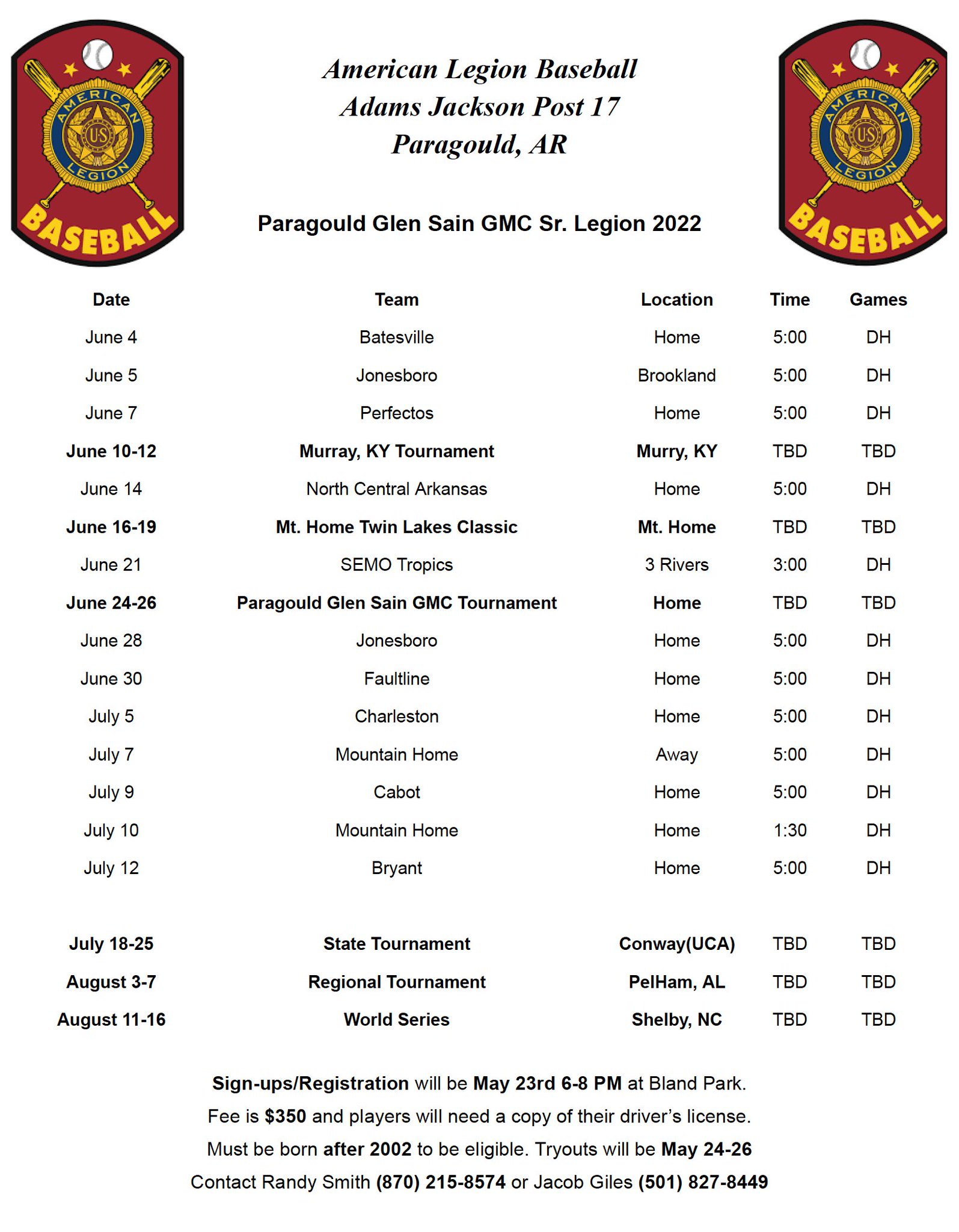 Paragould American Legion Baseball on Twitter "Summer 2022 Legion Baseball Schedule https//t