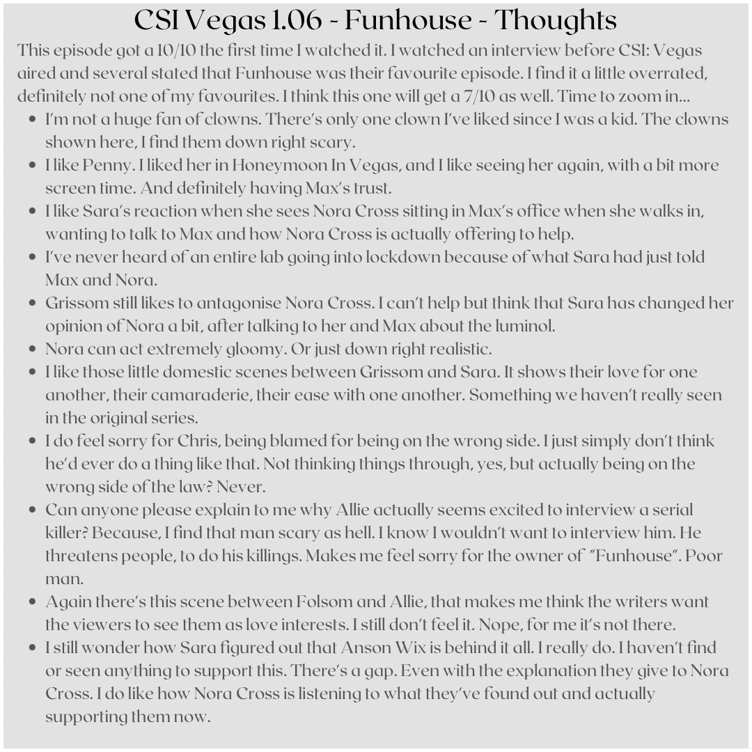 LonelyWriterNL's tweet photo. My thoughts on #CSIVegas #funhouse. #sarasidle #gilgrissom #chrispark #maxineroby #allierajan #joshfolsom #noracross https://t.co/70iJSGzQJG