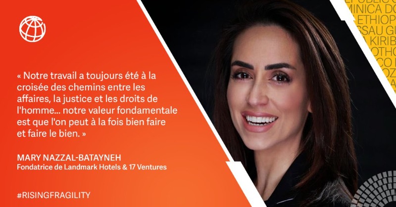 Banquemondiale's tweet photo. « Quelle que soit votre entreprise, il est toujours possible de travailler en même temps en faveur de la justice sociale et des droits humains. » - @MaryNazzal
#RisingFragility #ResilientFuture