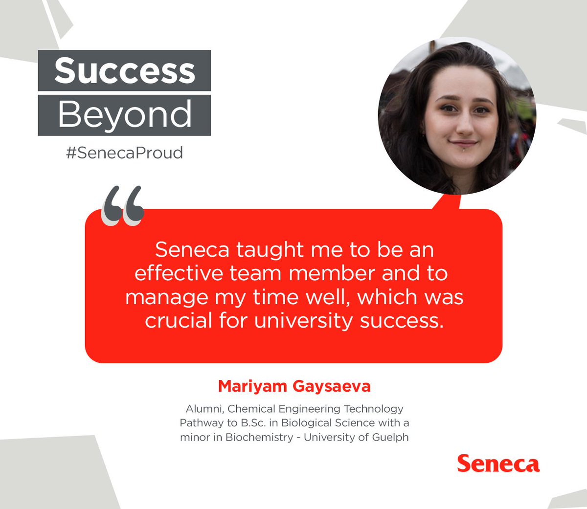 SenecaPoly's tweet image. We are proud of our #SuccessBeyond graduates! 🎓

Mariyam is a #SenecaProud alumni who completed her Chemical Engineering Technology diploma at Seneca and went on to complete her Bachelor of Science degree at @uofg. 🏫

Full story here: bit.ly/3K8Jc3L

#SenecaPathways