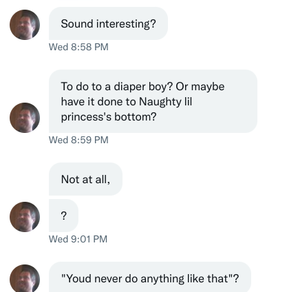 2 pic. Absolute insanity.... 🤣 If you're looking for sex or a relationship go on a dating site or I don't know maybe leave your house. Don't repeatedly harass a camgirl for the crime of existing. #ABDL community members, #camgirls, #adultmodels etc. I'd recommend blocking this guy. https://t.co/GQvhGMlMaK