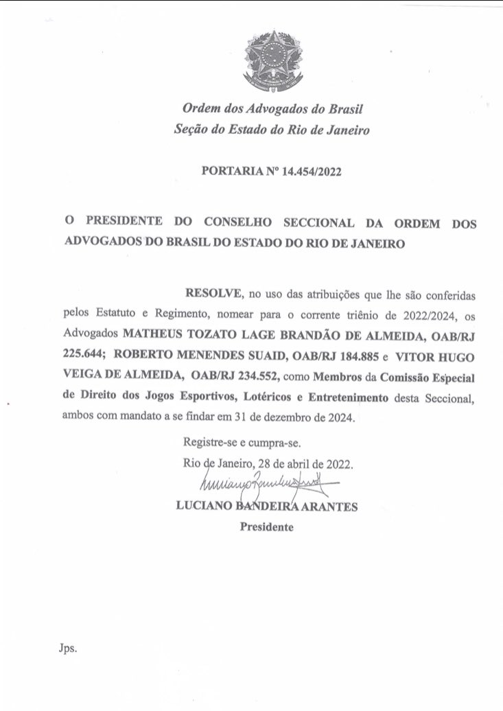 Motivo de grande orgulho e satisfação ser nomeado para a Comissão de Direito dos Jogos Esportivos, Lotéricos e Entretenimento da OAB-RJ.

Que possamos avançar juntos na regulamentação da área e garantir a segurança jurídica necessária para atrair ainda mais players para o Brasil.