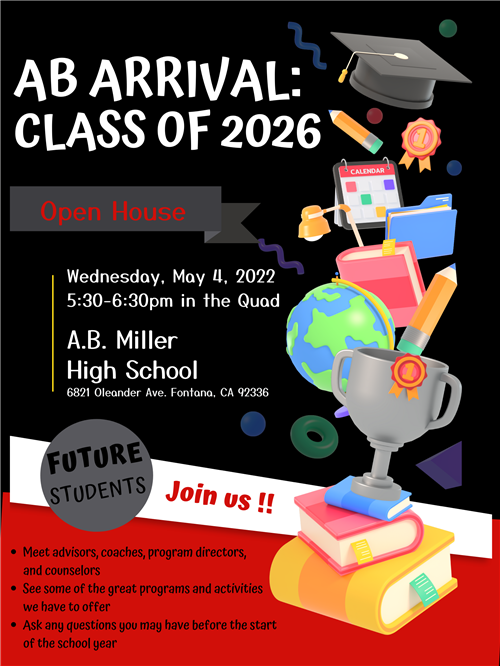 8th Grade Students! If you are going to AB Miller, you are invited to OPEN HOUSE!
