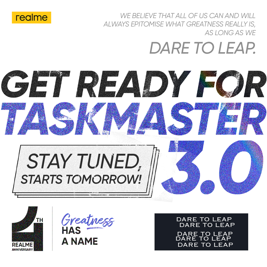 realmeIndia's tweet photo. Incoming, the Taskmaster 3.0, with 150 winners* to be announced and many things to be won! #Taskmaster3 

The Taskmaster will assign the tasks tomorrow, stay tuned! #realmeTurns4 #GreatnessHasAName

*T&amp;C Apply

Know more: https://t.co/UgSw8iLeyR https://t.co/Y97rUtNIhY