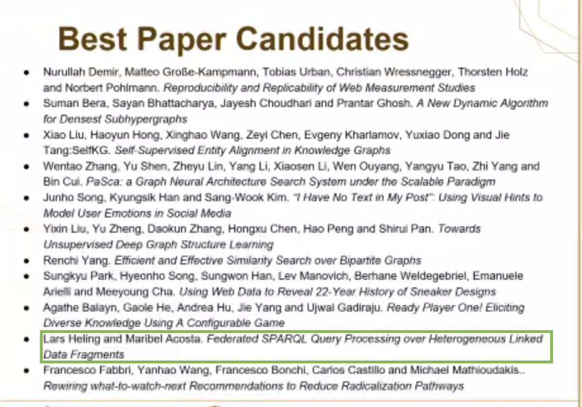 maribelacosta's tweet image. Very happy to see our paper on &quot;Federated SPARQL Query Processing over Heterogeneous Linked Data Fragments&quot; nominated for Best Paper Award at @TheWebConf. Thanks to my co-author, Lars Heling!😃 

Paper: doi.org/10.1145/348544…
Pre-print: arxiv.org/abs/2102.03269

#www2022 #sparql