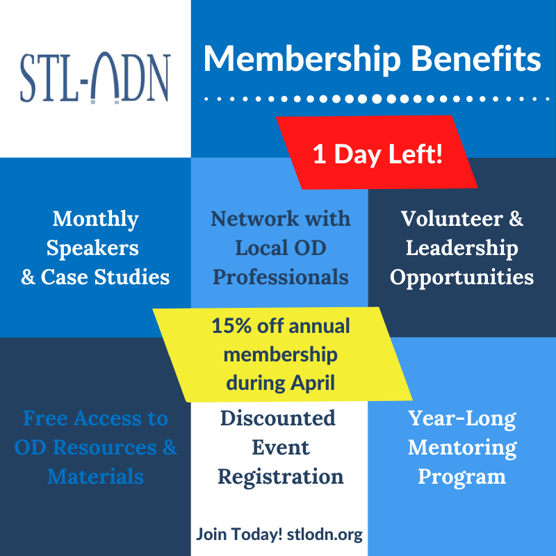 Our membership drive is live! 1 Day Left for our 15% off annual membership! 

Want to be a member? Find out more and sign up at stlodn.org/joinus.

#change #stlodn #growth #mentorship #organizationaldevelopment #discount #resources