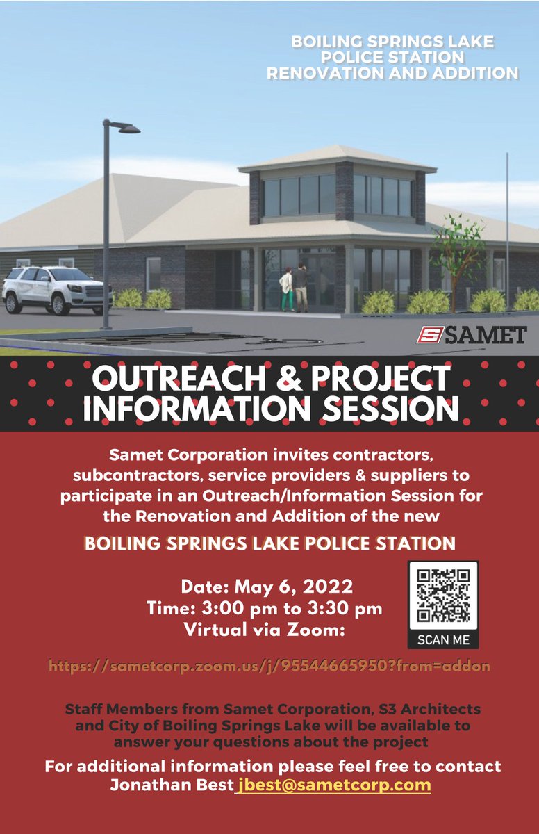 sametcorp's tweet image. Join us virtually on May 6th to learn more about the renovation and addition of the new Boiling Springs Lake Police Station. 
ow.ly/m09g50IVMil

#sametcorp