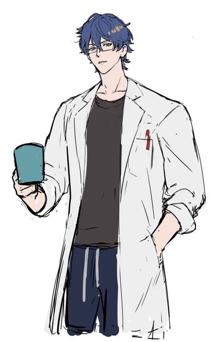 あったかくなってきたし、白衣の下がラフな格好の博士見たい～て思って描いてたけどまさかの裸族だったのでお焚き上げしときます 