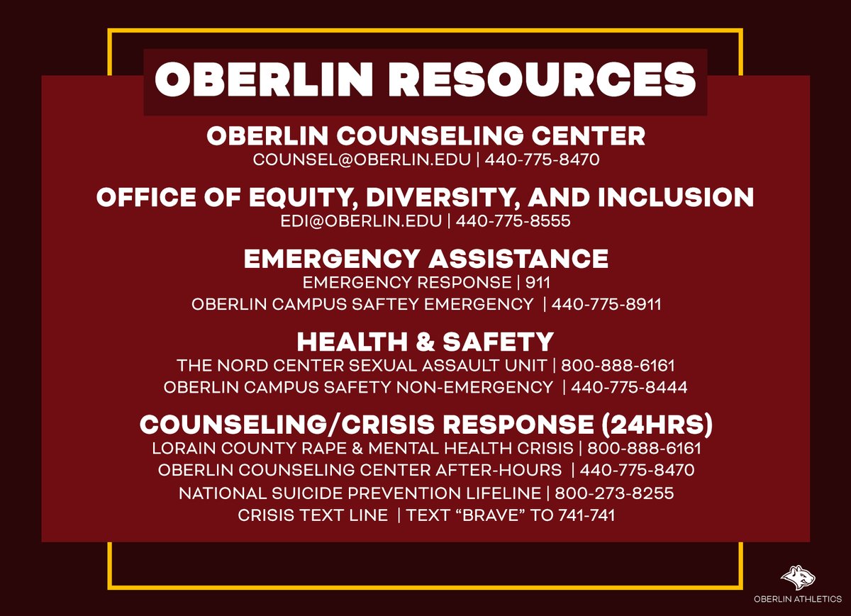 Some things are bigger than athletics. If you or someone you know is struggling with mental health, please take the next step to get help.

You can find quick and easy access to all of Oberlin's resources here ⬇️
linktr.ee/yeo_athletics

#OneOberlin x #GoYeo