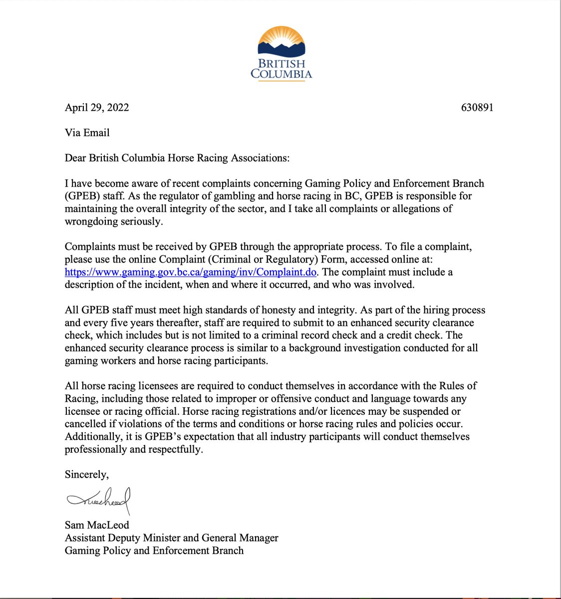 Important message from Sam MacLeod, Assistant Deputy Minister and General Manager, Gaming Policy and Enforcement Branch...