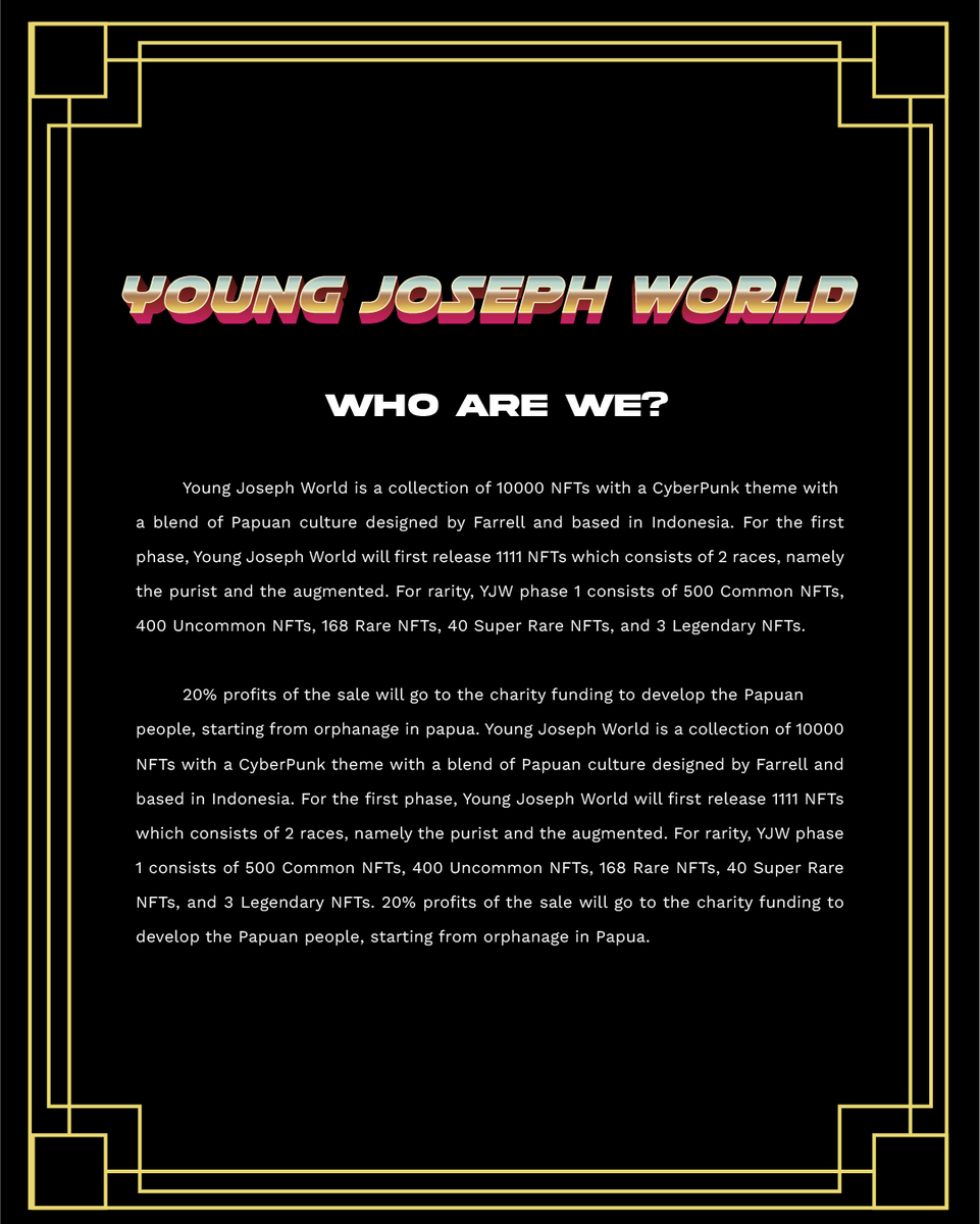 YoungJosephNFT's tweet photo. Good Evening NFT people! Here is everything you need to know about this project for now. Lore incoming tomorrow.

See you on the next tweet! #nft #NFTProject https://t.co/Iq61nzatPv