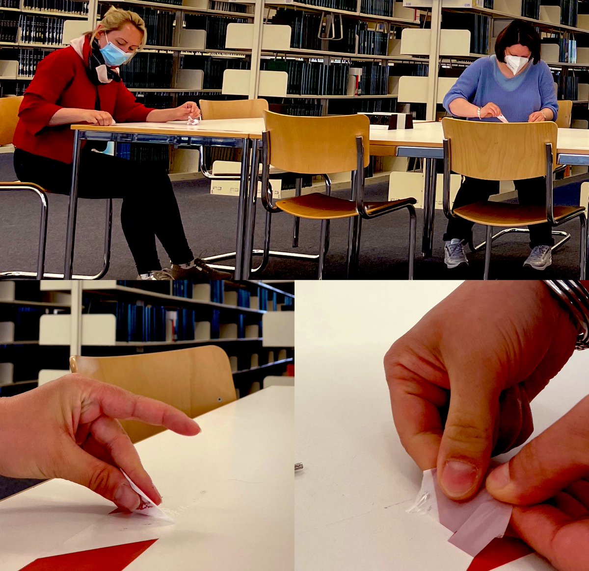 Hier @TIBHannover Standort Conti-Campus.
Heute Vorbereitungen für den 2.5.
Für die Benutzung vor Ort können dann wieder ALLE Arbeitsplätze benutzt werden. Fleißige Kolleg*innen schleppen Stühle in die Lesesäle und entfernen die Absperrfolien 🙂: