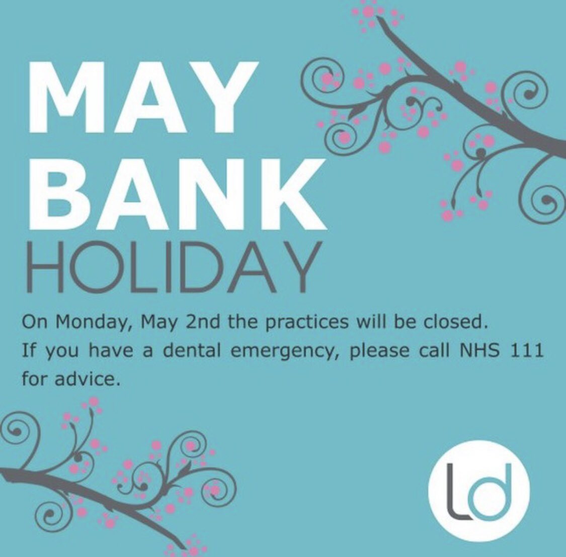 We will be closed on the 2nd May for the Bank Holiday.

We will be back open as usual from Tuesday 3rd May.

If you have a dental emergency over the Bank Holiday Weekend, please call NHS 111.

We hope you all have an enjoyable long weekend!😀☀️