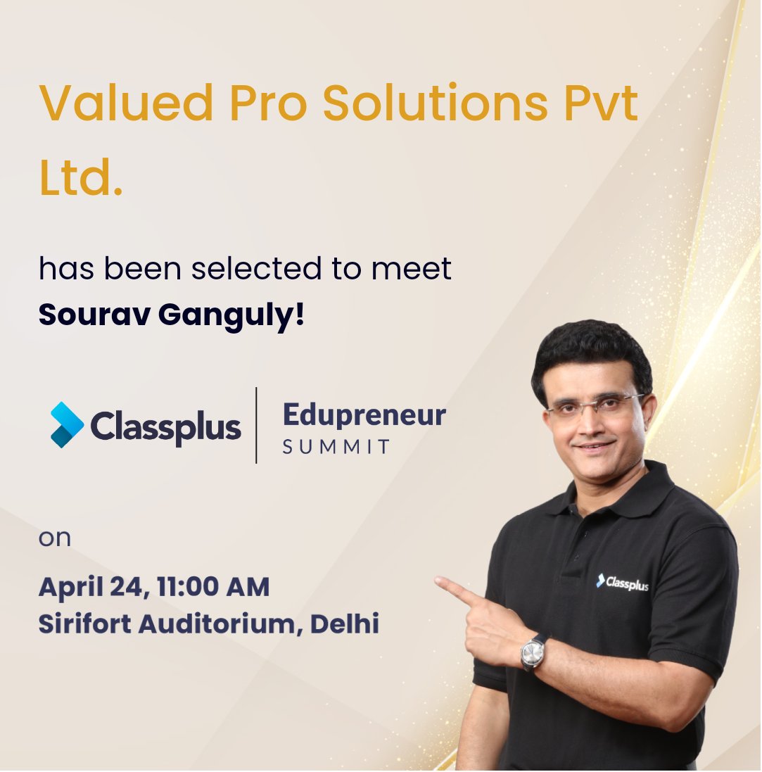 Valued_Pro_'s tweet photo. Edupreneur Summit an excellent initiative by team @ClassplusLite 
Felicitations to founders @mukul_classplus and Bhaswat.

Thanks Dada @SGanguly99 for sharing amazing insights from your cricketing career and making it so relevant for all of us🙌
Proud moment for team Valued Pro! https://t.co/oXgagXFoGa