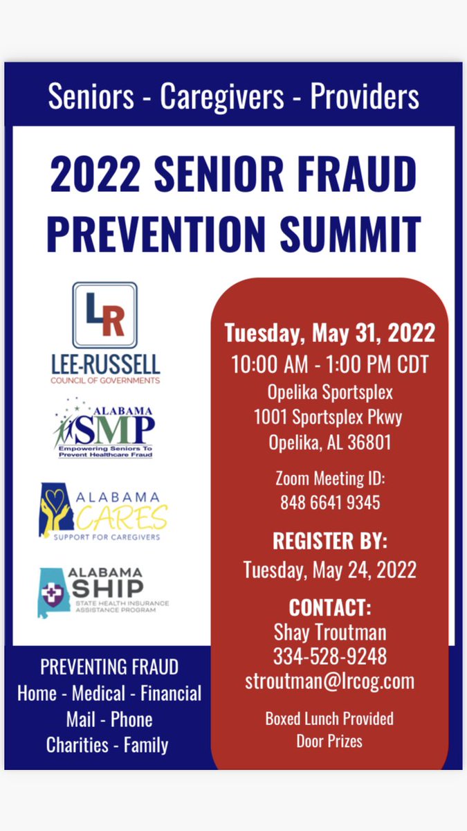 Please view the flyer for our upcoming Fraud Summit on May 31st. We have some wonderful speakers that will have valuable information about preventing and detecting potential fraud, particularly for seniors and their caregivers.