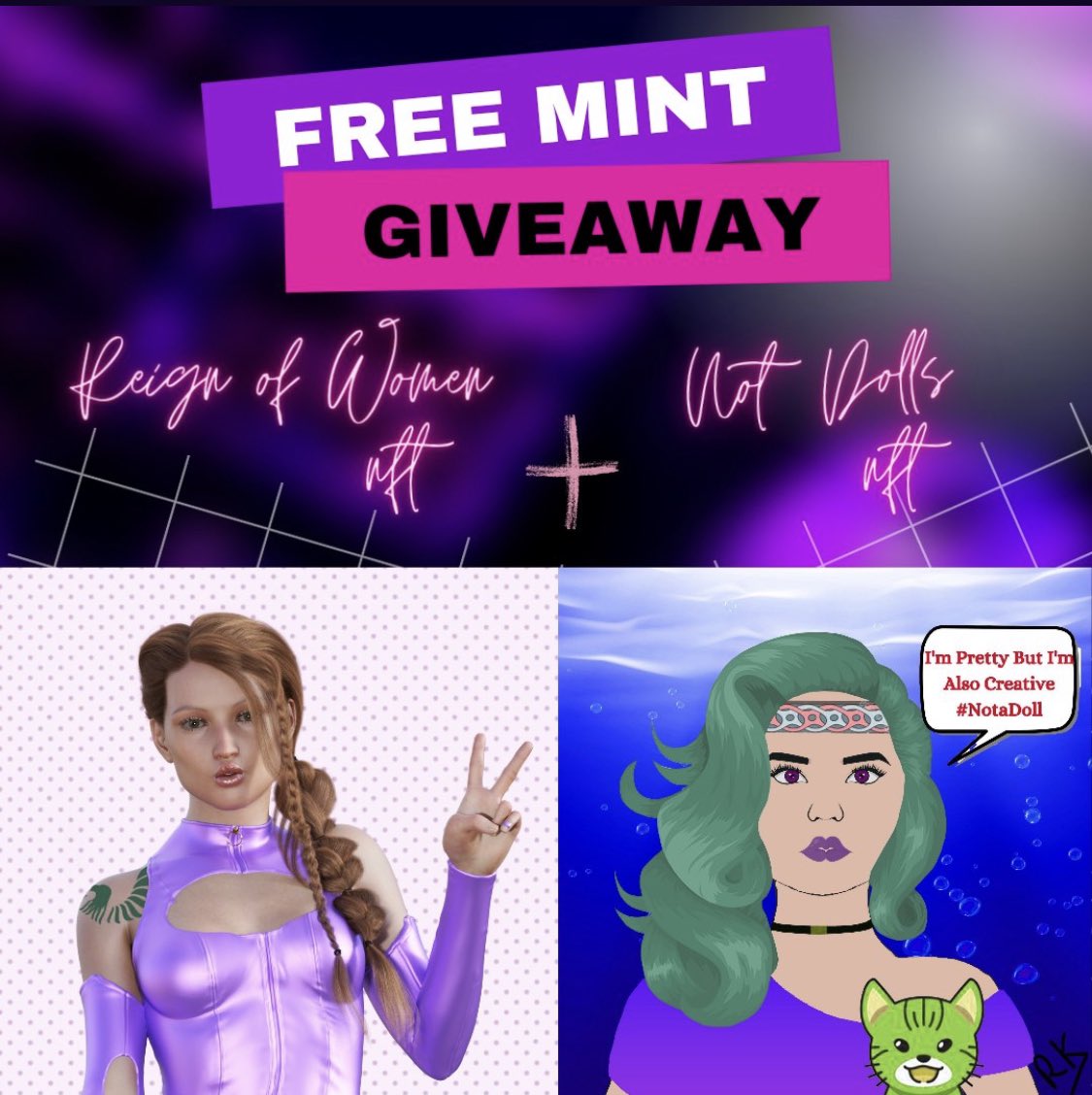 NotDolls_nft's tweet photo. Hey my beautiful #NFTCommunity im  finish to gift 💝 you.

I do a collab #NFTGiveaways and free mint. Look at the tweet here⬇️⬇️ https://t.co/EharUSgraw