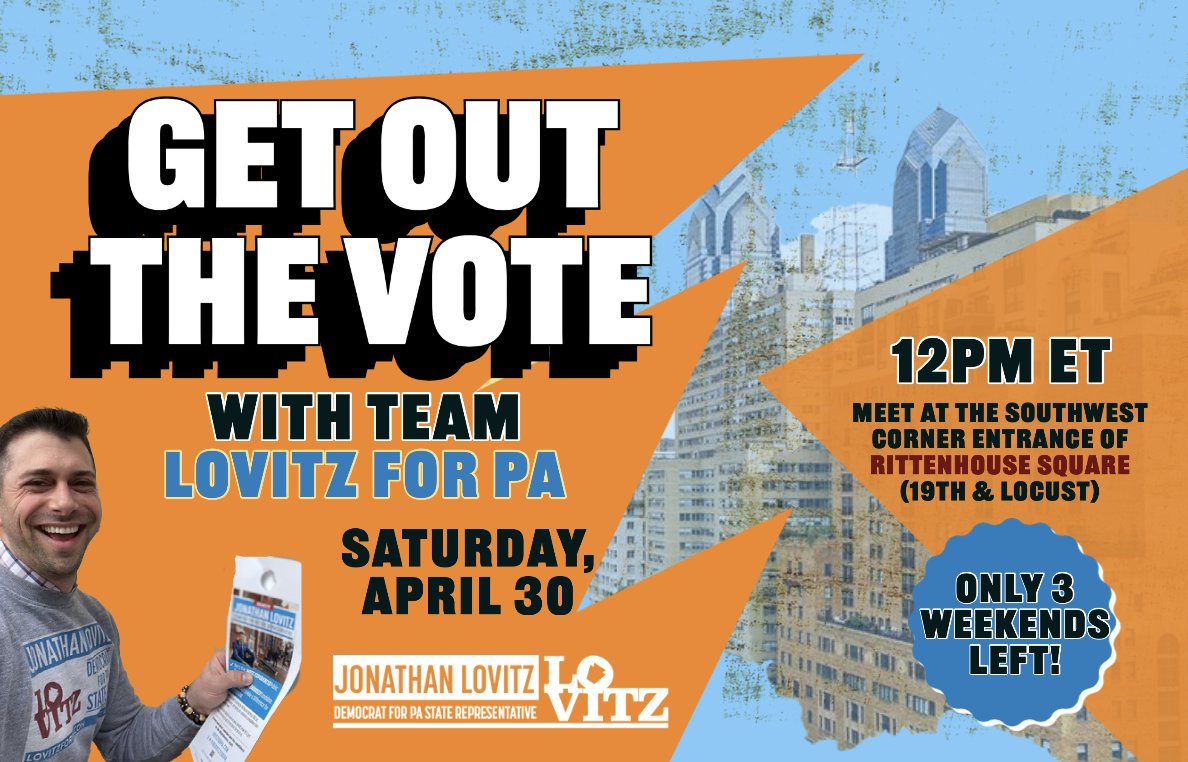 LovitzForPA's tweet photo. There's only 18 days left until Election Day! Let's get out the vote this Saturday with Jonathan! Come volunteer April 20th at 12pm in Rittenhouse Square.
For other volunteering opportunities: https://t.co/2VAikU1NPl
#LovitzForPA https://t.co/SUQKZPgG3o https://t.co/hjWO1OdXeQ
