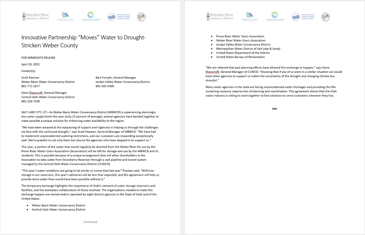 JVWCD's tweet photo. Weber Basin #watercrisis being helped by collaboration of several agencies, including @JVWCD, @CUWCD, @mwdsls, PRWUA, @USDOI, and @usbr https://t.co/0vkrdNSAKg