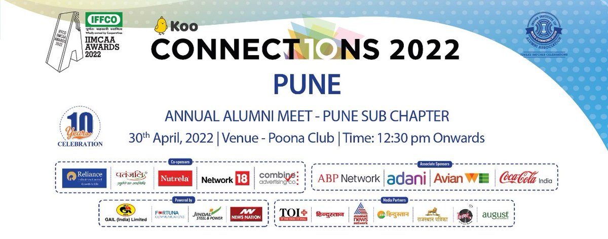 KOO Connections Pune &amp; IFFCO IIMCAA Awards 2022 | Pune Sub Chapter | 30 April, 2022 | Poona Club @ 12.30 PM #IIMC #IIMCAA #Connections #Pune #Maharashtra <a href="/sujatasabnis/">Sujata Sabnis</a> <a href="/amitabhsin/">Amitabh Sinha</a> <a href="/krishnapophale/">Krishna Pophale</a> <a href="/SambitP/">Sambit Pal</a> <a href="/SONAL_ORIGINAL/">SONAL SRIVASTAVA</a> <a href="/jockAnamika/">RJ Anamika</a> <a href="/GayatriSinha/">Gayatri Srivastava</a> <a href="/NeerajCNBC/">Neeraj Bajpai</a> <a href="/deepaklazuli/">deepak sinha</a>