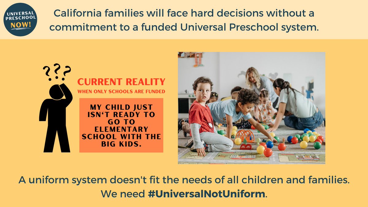 California families will face hard decisions without a commitment to a funded #UniversalPreschool system.

Families would be forced to pay for community-based care if their child isn’t developmentally ready for school-based preschool, currently the only free option.

#CAbudget