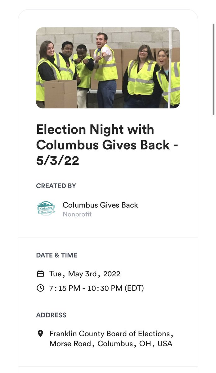 Come volunteer with us for Election Night on 5/3! We need as many volunteers as possible for this fun event 🗳 sign up here: bit.ly/38kCg6I

Tuesday, 5/3 from 7:15 pm-10:15 pm at Franklin County Board of Elections on Morse Rd. See you there! #volunteer #cbusgivesback