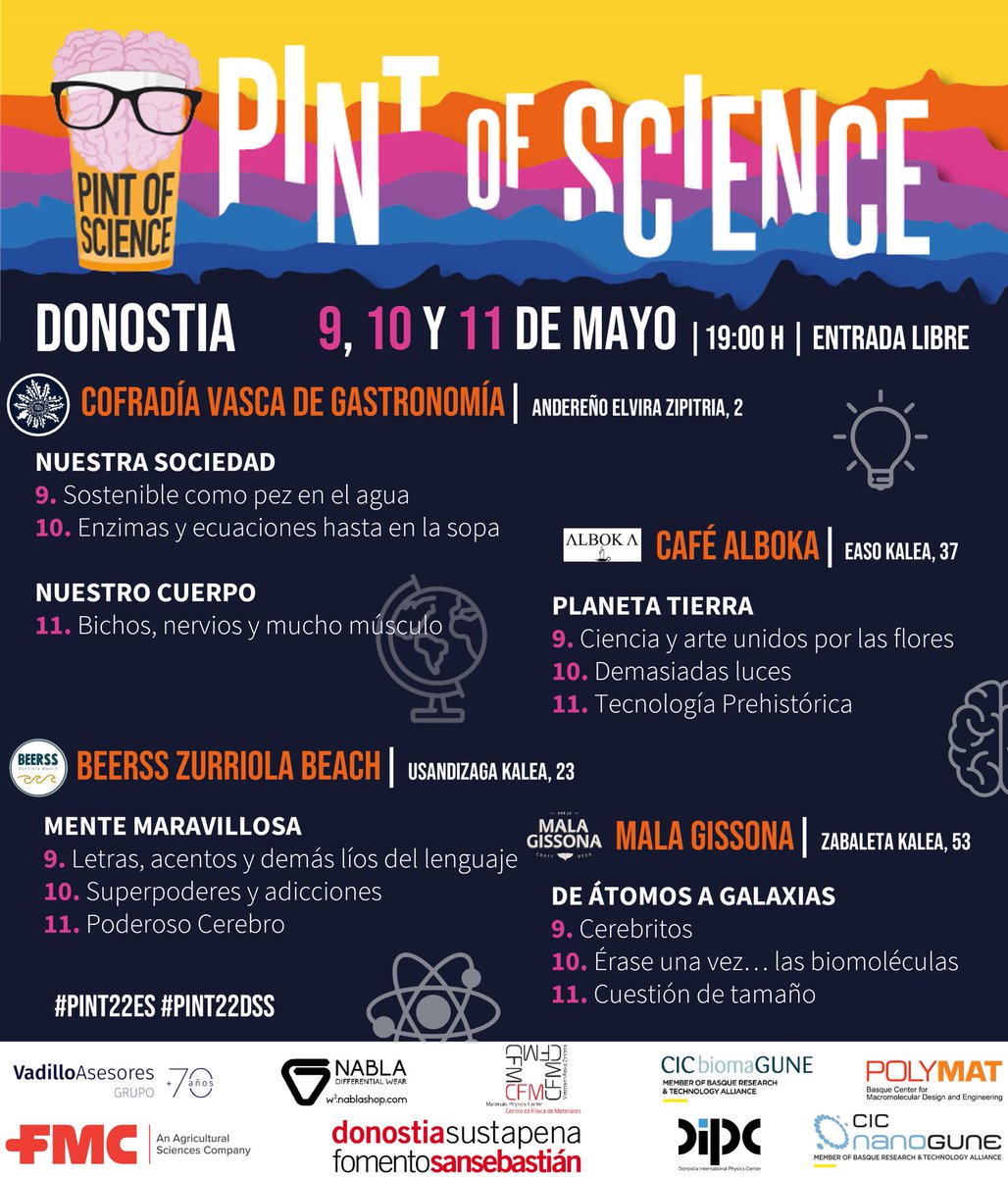¡El programa completo de Pint of Science 2022 - Donostia ya está online!✨
👉🏻 Link en bio 👈🏻

¡Aquí va el cartel general de todas nuestras sesiones! 
👇🏼👇🏾👇🏽

Nos vemos en los bares!!!🍻🍻