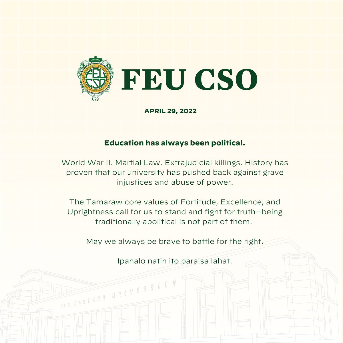 FEU_CSO's tweet photo. We call upon the University to make its stand. Learn from your students and listen to your constituents. 

Tumindig na kami, sana kayo rin.

#IpanaloAngSigawNgTamaraw
#FEUTumindigKa https://t.co/qD8D2fDUFX