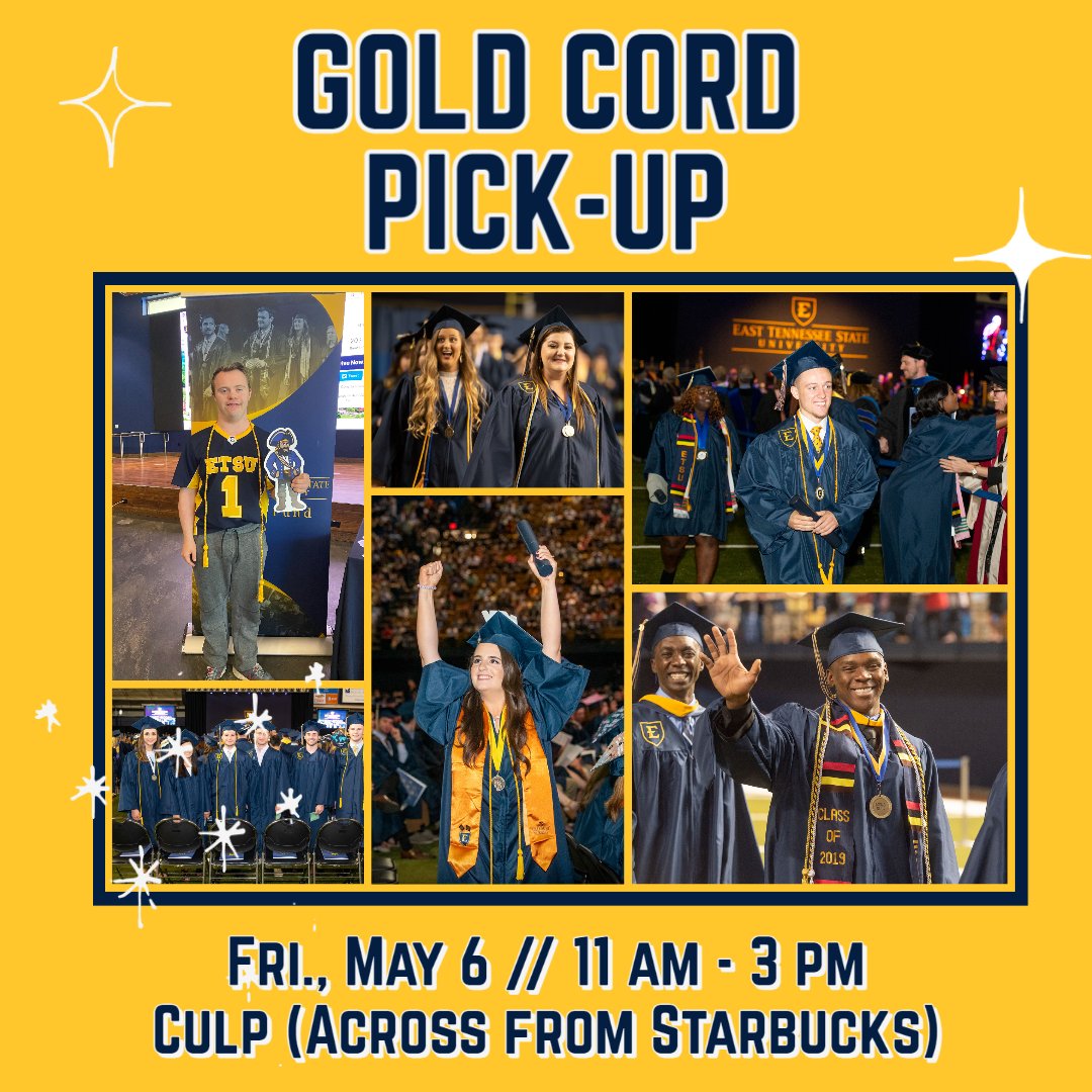AdvanceEtsu's tweet photo. Graduation is getting super close, but there's still time to get a gold cord to wear at commencement! If you donate at least $20.22 to the student gift, come pick up a cord at the Culp this Friday from 11 am - 3 pm. Visit https://t.co/8r7pa1Hjnr... to make a gift! https://t.co/M1WgcAh1kW