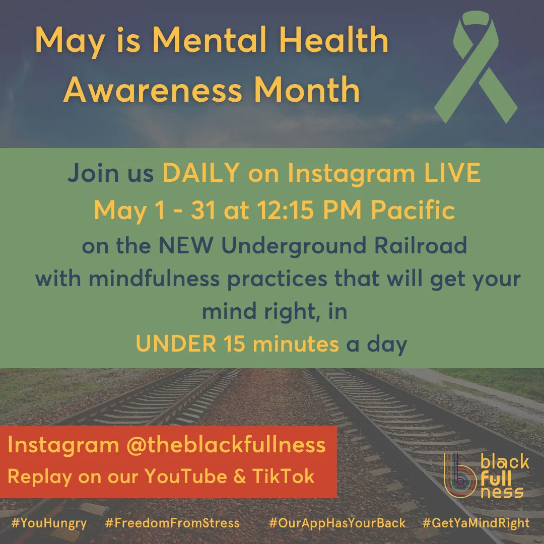 May is Mental Health Awareness Month.
Join us EVERY DAY at 12:15 PM Pacific Time for community mindfulness practices from our app.
We are focused on the Black Experience, but not exclusionary.  Ere'body needs what we got!
#blackmentalhealth #blackfullness #getyamindright