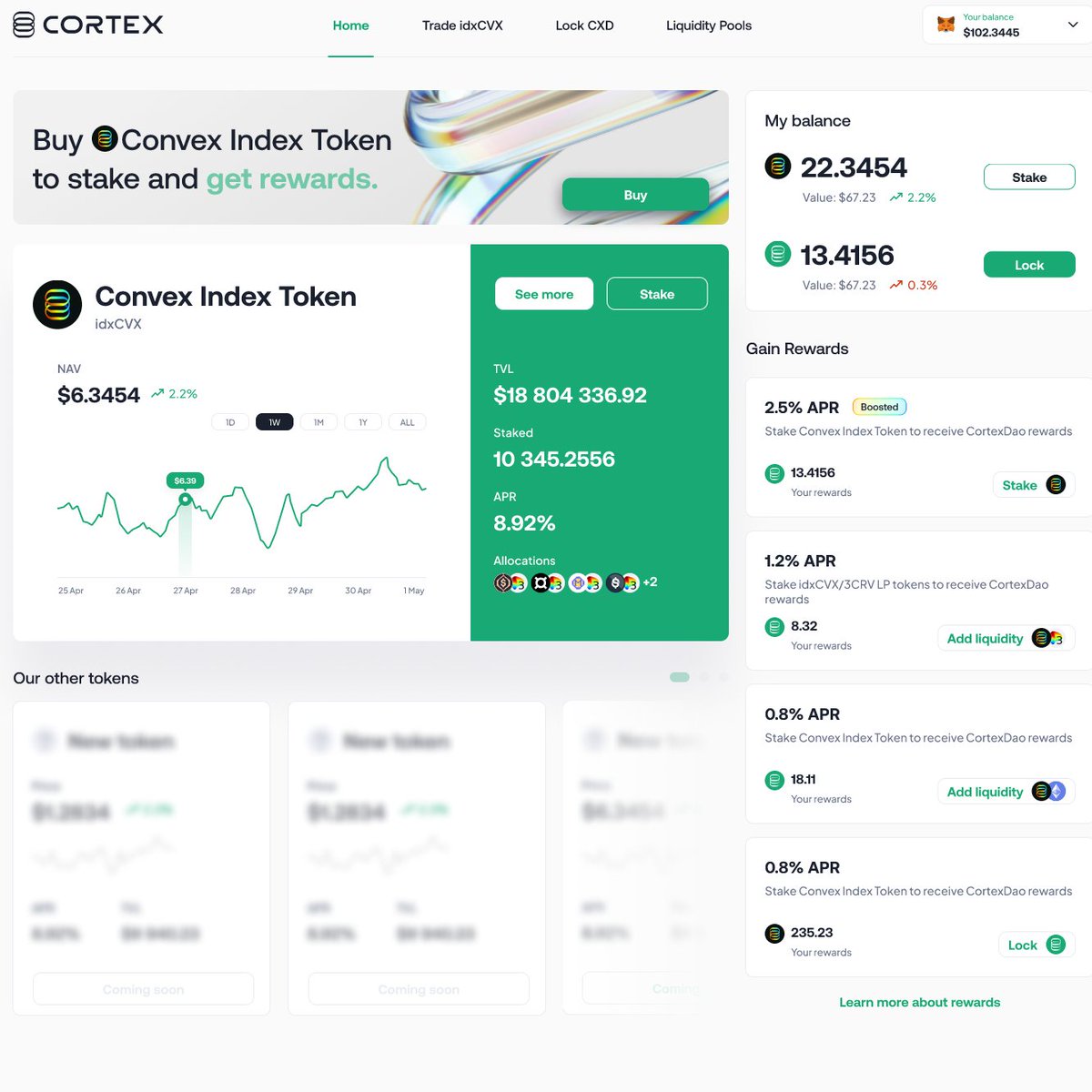CortexDAO's tweet image. End your week with a preview of the upcoming CortexDAO UI. 
CortexDAO's Convex Index is primed to bridge the gap between @CurveFinance, @ConvexFinance, and institutions.
