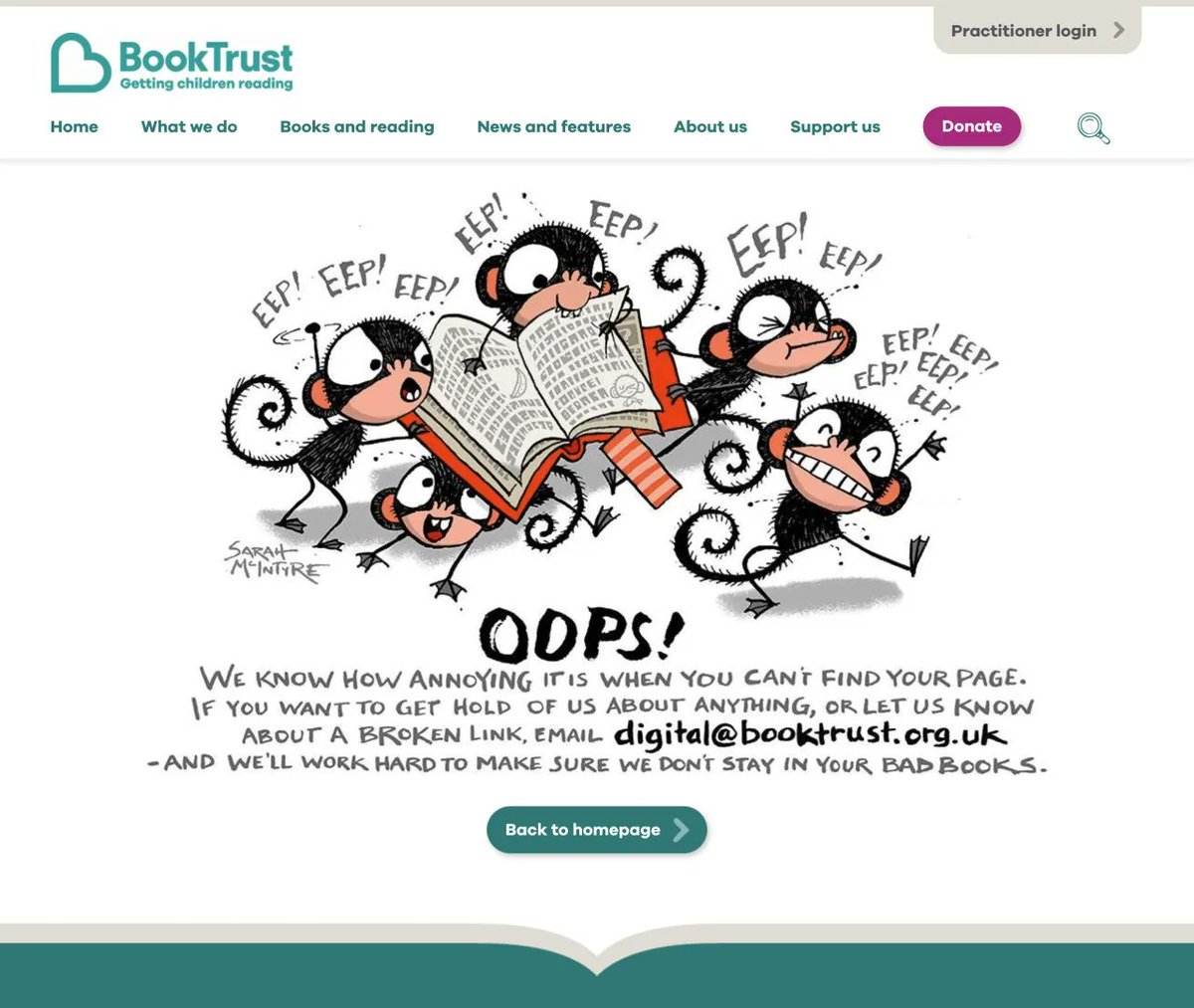 fab404's tweet photo. Fun and fab 404 page from @Booktrust in our gallery https://t.co/uNR2oaX5N9 #FridayFeeling  #FridayFun https://t.co/us77uynKa0