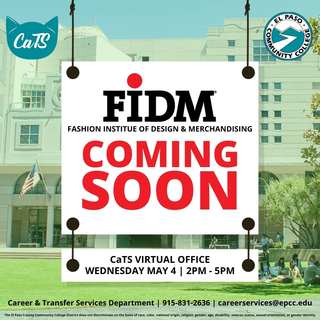 epccCaTS's tweet image. Hey Tejanos! Interested in pursuing a Bachelor in Fashion or Design? Consider the Fashion Institute of Design &amp;amp; Merchandising after your Associates! A representative will be available May 4th in our Virtual Office (link in bio)! #epccCaTS #FIDMCollege