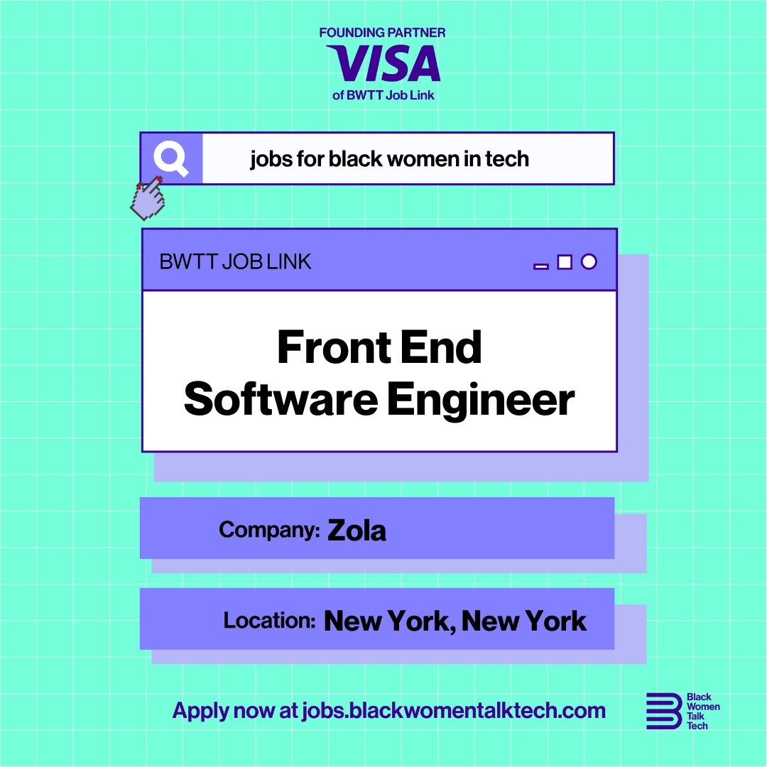 BWTalkTech's tweet image. Looking for a new job in New York City? Zola is looking for a Front End Software Engineer! Apply now on our Job Board >>> loom.ly/882UoWA
#BlackTechTwitter #BlackTechJobs #FrontendSoftwareEngineer #TechJobs