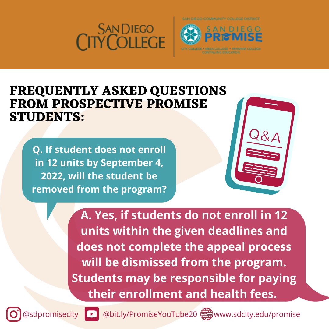 sdpromisecity's tweet photo. ⚠️Incoming promise students, If you are planning to start college in the Fall 2022 and had applied to the San Diego Promise Program, don't forget to check out our Frequently Asked Questions Posts every Friday.

#Promiseproud #sdpromisecity #iamcitycollege  #sharecity https://t.co/bXTBhGFwTx