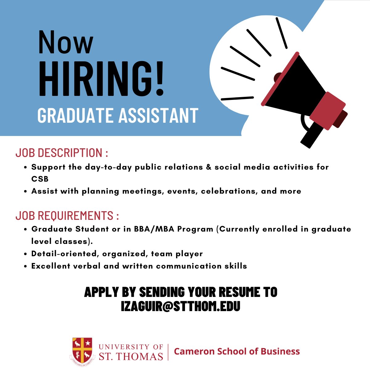 ustcsb's tweet photo. New job opportunity at CSB‼️
Be part of our amazing team of GA's starting this Fall 2022!!
#ustcsb #CSBhouston #CameronSchoolofBusiness #BeyourBoldself #usthouston #uststrong #ustbold #celtstrong #celtnation #celtpride #houston #catholicuniversity https://t.co/oU7i3moyCs
