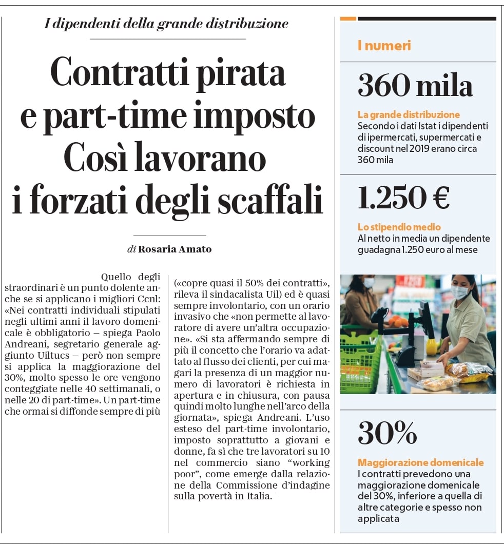 I contratti pirata e il lavoro nella grande distribuzione, nei supermercati e nei negozi. In altre parole, il terziario. È Paolo Andreani, segretario generale aggiunto #Uiltucs, che lo racconta su Repubblica, oggi in edicola. Per chi se lo fosse perso, ecco un estratto qui ⬇️