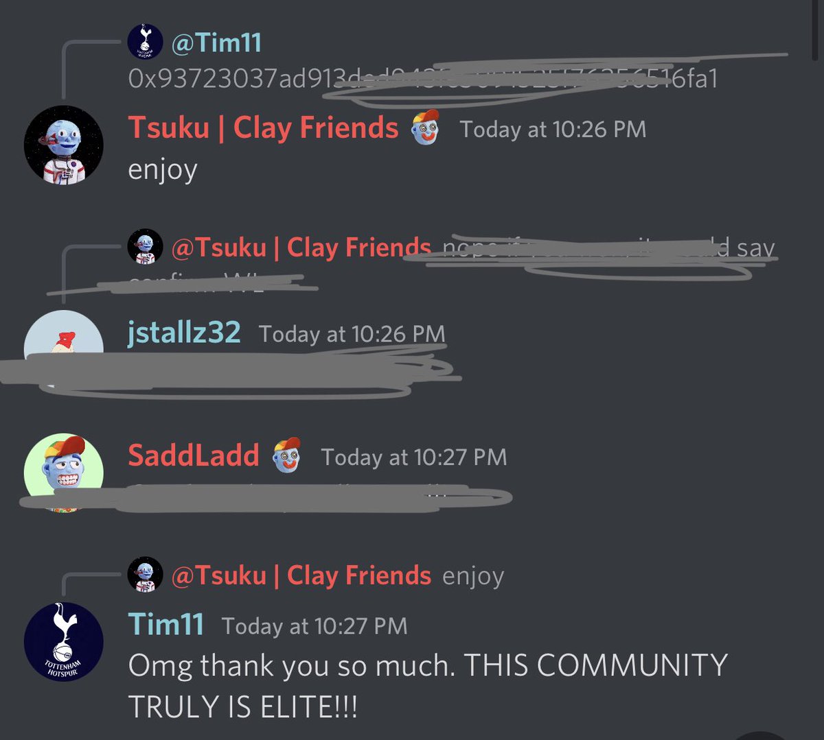quick shout out to @0xTsuku  for being an awesome mod 🥰. He helped a @ClayFriendsNFT member by giving him eth to buy a ClayFriend and join the family. Literally made my day 🫂. Love you all #ClayFriends