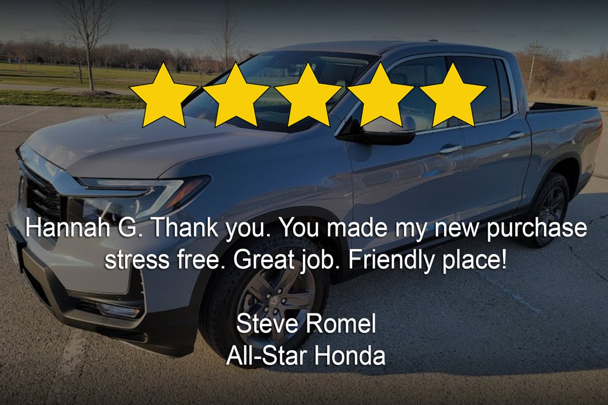 Thanks so much for the wonderful feedback, Steve! We appreciate you trusting All-Star Honda with your purchase and hope we have the opportunity to work with you again in the future! #FanFriday #AllStarHonda #HondaRidgeline