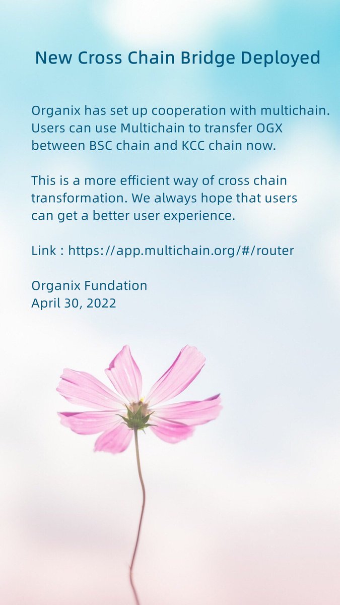 Organix cooperates with Multichain to set up new cross chain bridge between BSC and KCC. Enjoy 😘