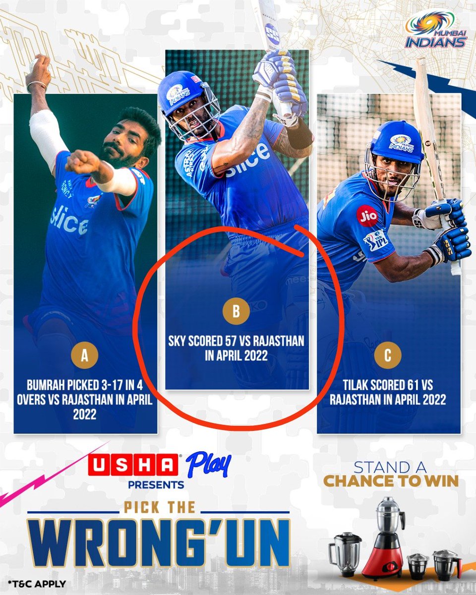 tns (@tnskris) on Twitter photo <a href="/mipaltan/">Mumbai Indians</a> <a href="/UshaIntl/">USHA</a> <a href="/UshaPlay/">Usha Play</a> WRONG'UNX
B. SKY SCORED 57 VS RAJASTHAN IN APRIL 2022
#UshaPlay #UshaInternational #OneFamily #DilKholKe #Mumbailndians #MI #MIPaltan #ContestAlert #IPL2022 <a href="/UshaPlay/">Usha Play</a> <a href="/UshaIntl/">USHA</a> <a href="/mipaltan/">Mumbai Indians</a> <a href="/mipaltan/">Mumbai Indians</a> <a href="/UshaIntl/">USHA</a> <a href="/UshaPlay/">Usha Play</a> WRONG'UNX
B. SKY SCORED 57 VS RAJASTHAN IN APRIL 2022
#UshaPlay #UshaInternational #OneFamily #DilKholKe #Mumbailndians #MI #MIPaltan #ContestAlert #IPL2022 <a href="/UshaPlay/">Usha Play</a> <a href="/UshaIntl/">USHA</a> <a href="/mipaltan/">Mumbai Indians</a>