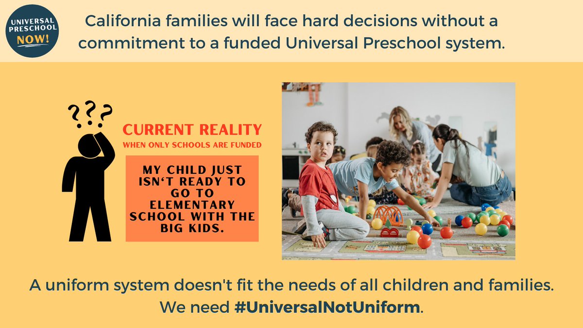 🧵 1/4 CA needs a commitment to fund a #UniversalPreschool system. 

Without this investment:

Families will be forced to pay for community-based care & education if their child isn’t developmentally ready for school-based preschool, currently the only free option.

#CAbudget